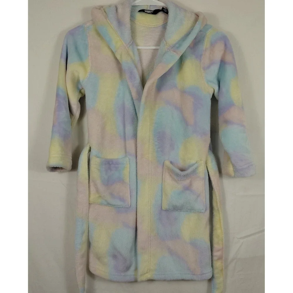 Lands' End Kids Fleece Hooded Size 6/ XS Bathrobe Tie Waist Soft Fuzzy Robe
